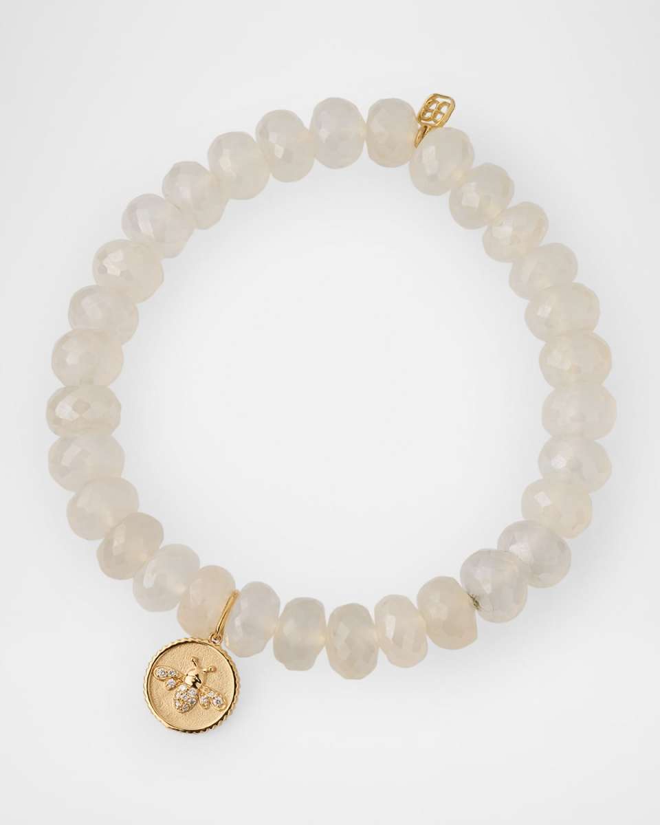 Tiny Pave Bee Coin and Champagne Chalcedony Bead Bracelet